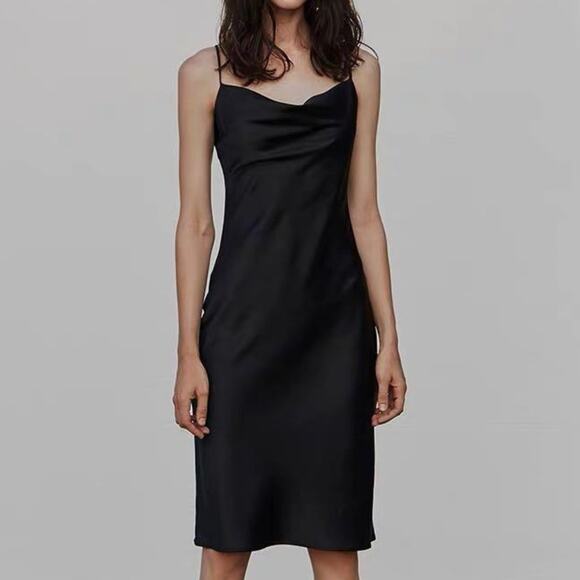 Simple Retro True Black Satin Jacquard Midi Spaghetti Strap Slip Dress Medium - Picture 1 of 6